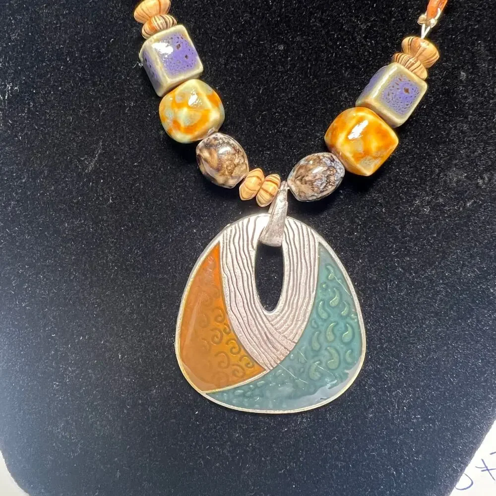 Christopher & Banks CJ Banks Geometric Pendant Necklace. brown Green Silver Gold - Picture 2 of 6